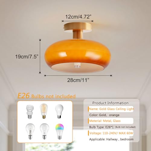 Orange Glass Close to Ceiling Light Fixtures Gold Flush Mount Light - color: Flush-Orange2