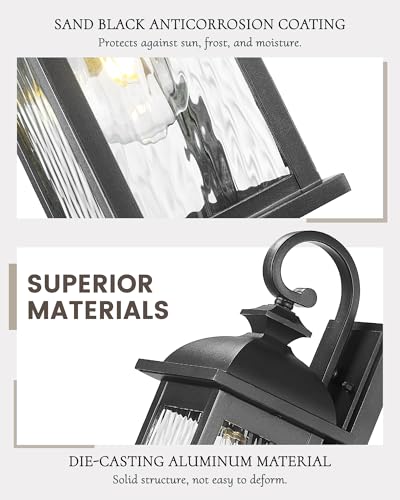FEMILA Outdoor Wall Light Fixture, 1-Light Exterior Waterproof Wall Sconce, 15" Front Porch Lights, Anti-Rust Matte Black Finish with Water Ripple Glass, 4FD54B BK-WP - color: Matte Black, Water Ripple Glass, size: 15", Single Unit