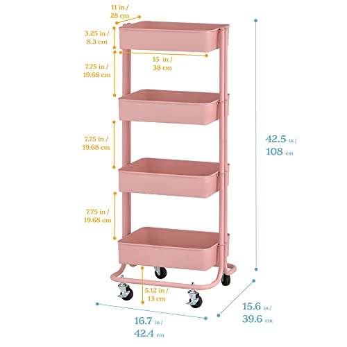 ECR4Kids 4-Tier Metal Rolling Utility Storage Cart, Multipurpose Organization, Multipurpose Organization, Pink - color: Pink