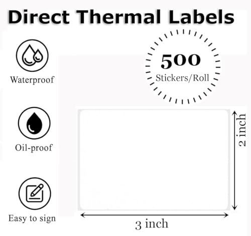 3" x 2" Thermal Labels Stickers White, Thermal Printer Shipping Stickers, Multipurpose Inventory Self-Adhesive Direct Thermal Label for Small Business (500 Labels/Roll) - color: White, size: 3" x 2"