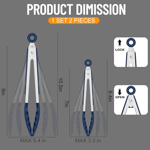 HOTEC Stainless Steel Kitchen Tongs with Silicone Tips, Set of 2-7" and 9" - color: Classic Blue:9+7inch
