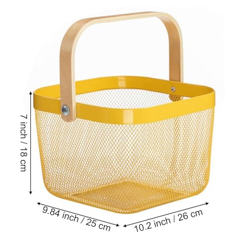 AJIODA Metal Mesh Steel Basket, Storage Organizer Basket Multi-functional Hanging Kitchen Baskets Fruit Baskets with Wooden Handle for Kitchen Bathroom Picnic Shopping Decor Cabinet Home, Yellow - color: Yellow