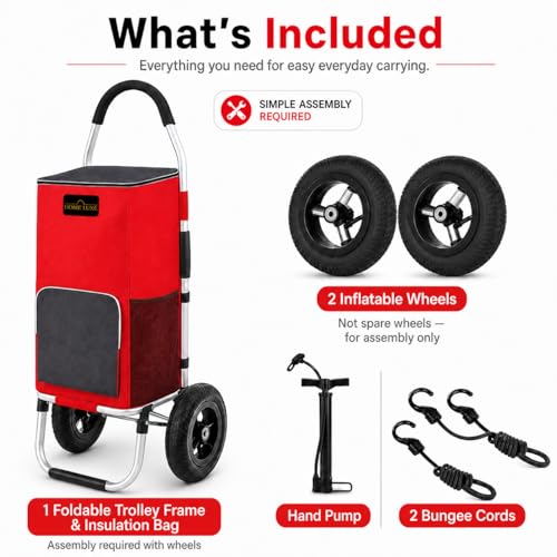 Premium Foldable Grocery Shopping Cart | Tall & Durable | Smooth-Rolling Wheels | All-Terrain (Red and Charcoal, 22cm Inflatble Rubber Wheels, Inflating Rubber Wheels with Insulation Bags) - color: Red and Charcoal, size: 22cm Inflatble Rubber Wheels