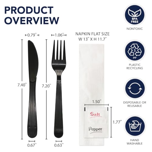 Party Essentials Individually Wrapped Black Plastic Utensil Sets/Heavy Duty Flatware Packs, Fork/Knife/Napkin/Salt/Pepper, 100 Sets - size: Fork/ Knife/ Napkin/ S&P