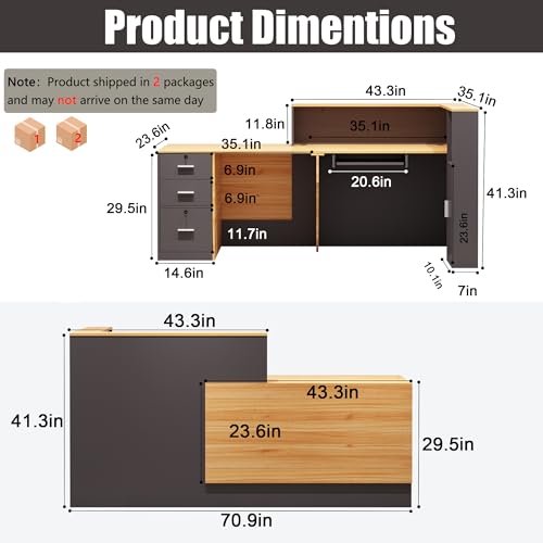 L-Shaped Reception Desk with Lockable Drawers, Adjustable File Cabinet & Keyboard Tray, Modern Front Counter for Office, Salon, or Lobby (Left-L Natural Wood/Slate Gray, 70.9''L x 23.6''W x 41.3''H) - color: Left-l Natural Wood/Slate Gray, size: 70.9''L x