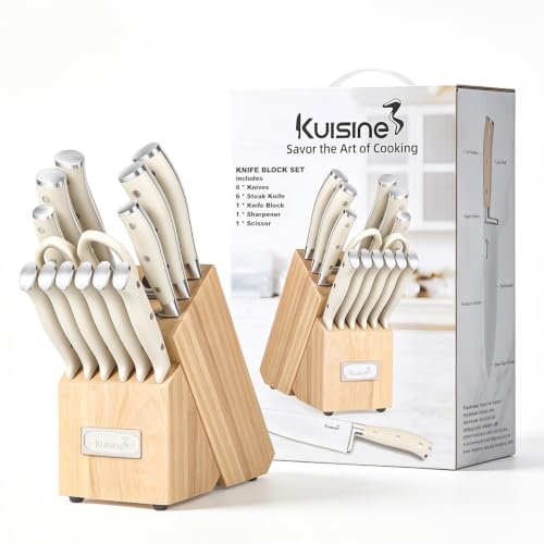 KUISINE Upgraded Knife Set High Carbon Stainless Steel Ultra Sharp Blade Ergonomic Handle,Knife Block Set with Built-in Sharpener(Ivory Acacia,15PCS) - color: Ivory Pro H