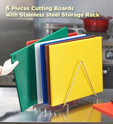 CURTA 6-Piece NSF 20" x 14" x 1/2" Multi-Colored Flexible Cutting Board Kit with Stainless steel Storage Rack, Color Coded Plastic Chopping Board with Anti Slip Surface Dishwasher Safe - color: 6-Color Set with Rack, size: 20 x 14 IN
