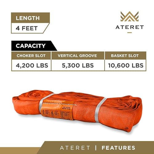 ATERET Powerlift Orange Polyester Endless Round Sling - 4 Feet Length, 25,000 lb. Vertical Capacity, 42,400 lbs Basket - Heavy Duty Poly Lifting Sling - color: 07 Orange - Vertical Capacity 25,000 lbs, size: 4FT