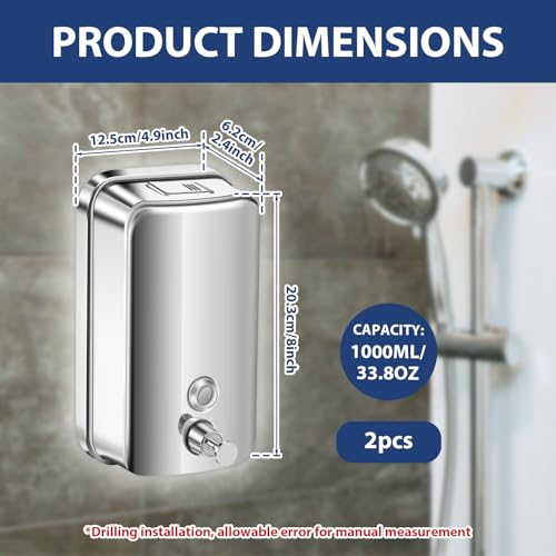 2 Pack Commercial Soap Dispenser Wall Mount, 1000ml/35 fl oz Stainless Steel Wall Mount Pump Soap Dispenser, Rust-Proof Anti-Leak Manual Hand Soap Dispenser for Home Bathroom Kitchen Hotel Restaurant