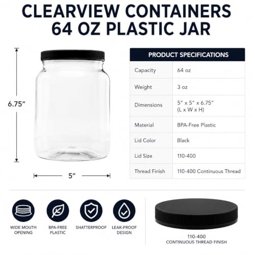 6 Pack - 64 oz (Half Gallon) Plastic Storage Jars with 110-400 Leak Proof Black Lid, Food Grade, BPA Free, Hand Wash Only (64oz, 6pk, BLK) - size: 6pk - 64oz, Black