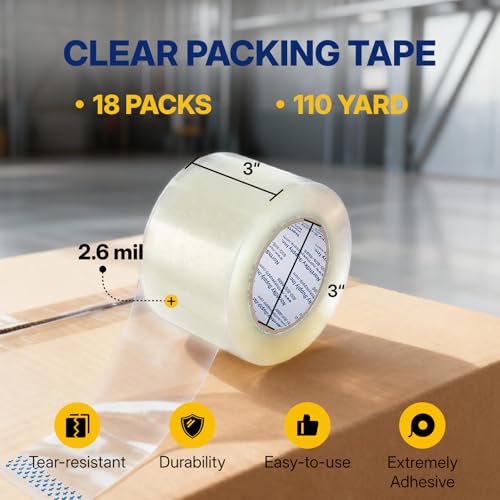NORTHSKY Packing Tape, 18 Rolls, 3" x 110 Yards, 2.6 Mil Industrial Acrylic Packaging Tape for Shipping, Moving, Storage, and Box Sealing - size: 3 inches x 2.6 mil
