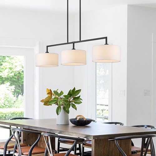 47" W Modern Linear Kitchen Island Pendant Light Fixture 3-Light White Linen Drum Shade Chandelier Black Metal Linear Chandeliers for Dining Room Farmhouse Hanging Light for Living Room, Bar, E26 - color: Black and White