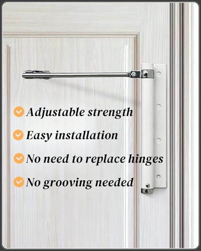 Automatic Door Closer for Lightweight Doors <100 lbs | 150° Angle Spring Self Closing Hinges | Adjustable Catch Speed | Stainless Steel Soft Close Auto Top Latches | with Arm, Screw, Wrench | White - color: White, size: 1 Pack