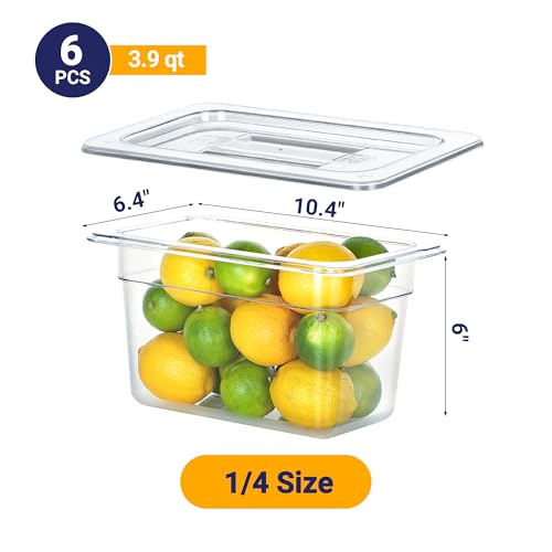BIEAMA 6 Pack 1/4 Size 6" Deep NSF Polycarbonate Food Pans with Lids - color: 1/4 Size, size: 6" Deep