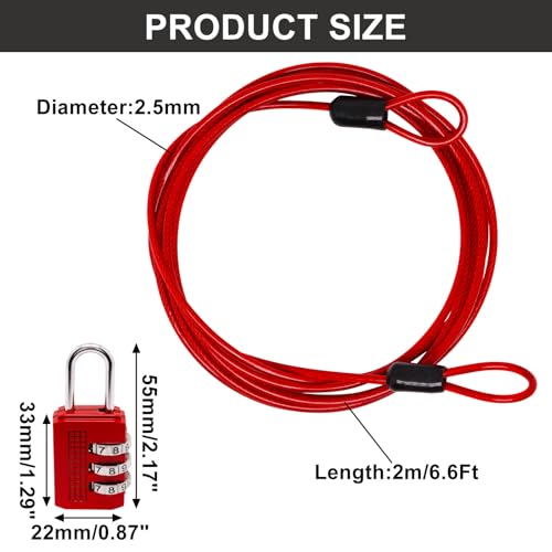 Cable Lock Double Loops 6.6Ft Long Red Security Cable with Lock, Bike Lock Cable 2.5mm Braided Steel Coated Safety Cable Wire for Luggage, Outdoor, Clothesline (2 Pack) - color: Red, size: 6.6Ft (2 Pack)