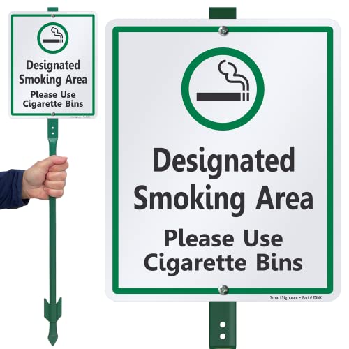 SmartSign 12 x 10 inch “Designated Smoking Area - Please Use Cigarette Bins” Yard Sign with 3 foot Stake, 40 mil Laminated Rustproof Aluminum, Green, Black and White, Set of 1 - color: 36" Tall Sign Kit (use bin)