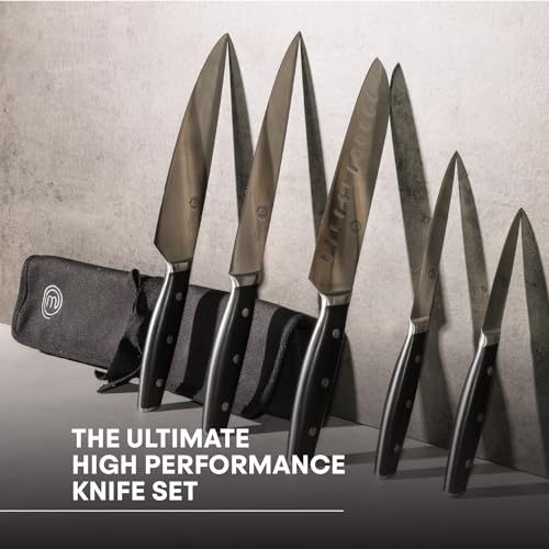 MasterChef Chef Knife Set with Bag, Knife Roll Set with 5 Professional Quality Kitchen Knives for Precision Home Cooking, High Carbon Stainless Steel Blades & Triple Riveted Handles - size: 5 Piece, style: Knife Roll Set