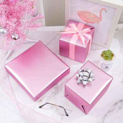 ZINTBIAL Metallic Pink Wrapping Paper Roll with Cut Lines - Solid Pink Holiday Gift Wrap for Valentine’s Day, Birthdays, Baby Shower, Wedding, Christmas- 17.5 in x 33 ft (48 sq. ft), Easy to Cut - color: Metallic-Pink