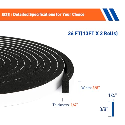 MAGZO 3/8in Wide X 1/4in Thick Narrow Foam Tape for Vents - size: 3/8in* 1/4in * 26FT
