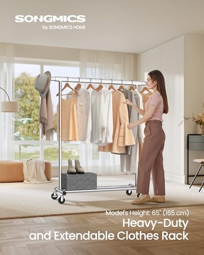 SONGMICS Clothes Rack with Wheels, Heavy-Duty, 220 lb Load Capacity - color: Silver, size: 17.7"D x (36.2"-52")W x 63.6"H