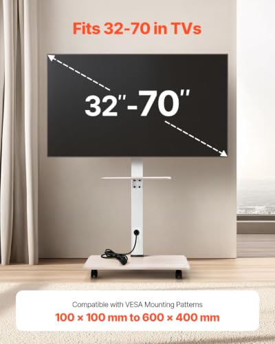 VEVOR Rolling TV Stand, Mobile TV Cart for 32-70 Inch Screens, 25° Left-Right Rotation and Height Adjustable TV Mount with Tray, Holds up to 88 lbs for Corner, Bedroom, Outdoor, Max VESA 600x400mm - style: with Trays