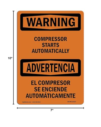OSHA Waring Sign - Compressor Starts Automatically Bilingual | Rigid Plastic Sign | Protect Your Business, Work Site, Warehouse & Shop Area | Made in The USA