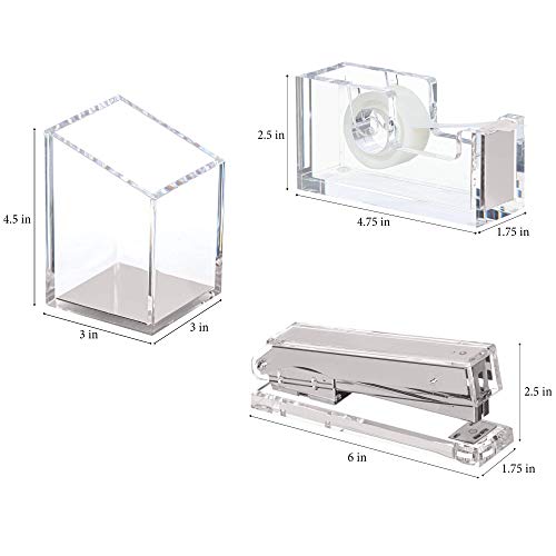 Punch & Stick | Stationery & Desk Accessories | Pen Holder, Stapler & Tape Dispenser | Silver & Clear Acrylic Lucite | Office Desk Accessories | Office Gift Set - color: Silver
