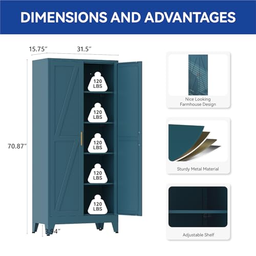COFaR 71'' Tall Metal Storage Cabinet, Farmhouse Kitchen Pantry Cabinet with Doors and 4 Adjustable Shelves, Metal Pantry Storage Cabinets for Kitchen, Laundry, Peacock Blue 5-Tier - color: Peacock Blue, size: 15.75''D × 31.5''W × 70.87''H-S01
