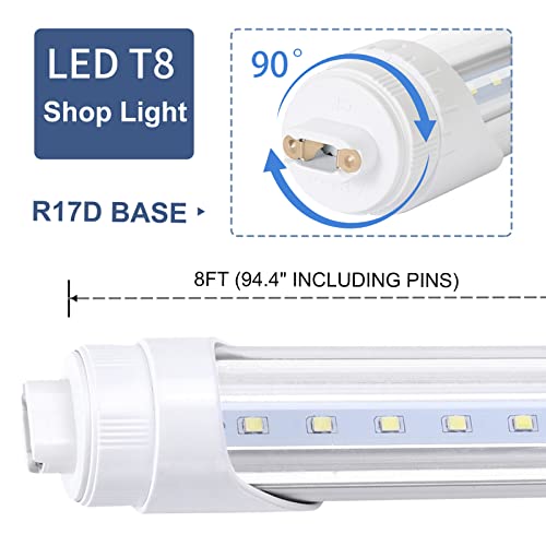R17D/HO 8FT LED Shop Bulb, Rotating Base LED Tube Light, 6000K Clear Lens, Dual-Ended Power Bulb Lights, Non-dimmable, 2 Pin, Ballast Removed, (Replacement for F96T12/CW/HO 110W Fluorescent Light) - color: Clear Cover Single Row, size: 4 Count