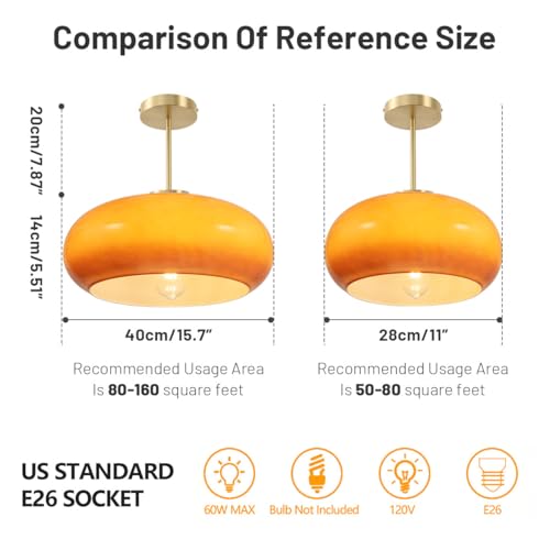 Large Glass Semi Flush Mount Ceiling Light 15.7″Dome Orange Shade - color: 15.7″-Orange