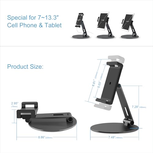 Rotating Tablet Stand,360°Rotatable Retail Kiosk Holder,Aluminum Commercial POS Display Stand for Microsoft Surface,iPad 10,Galaxy Tabs-7''-13''Tablets for Business,Office,Reception Kitchen,Home-Black
