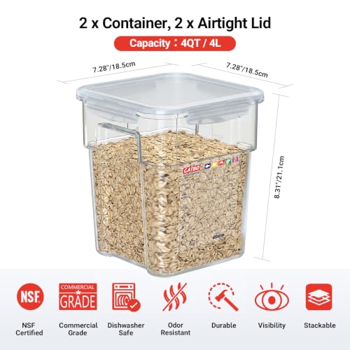 2 Pack 8 QT Polycarbonate Commercial Food Storage Containers with Airtight Lids, Clear, Stackable Ingredient Food Storage Containers for Flour, Sugar, Rice, and Food Prep, 2 Markers Included - size: 2 X 8.0(QT)