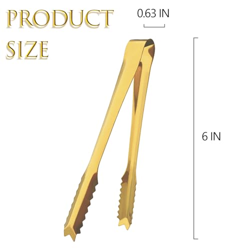 6 Pcs Ice Tongs Stainless Steel 6 Inch with Serrated Teeth Durable Serving Metal Tongs for Kitchen, BBQ, Buffet & Party Secure Grip Mini Tongs for Ice Cubes, Sugar, Salad,Appetizers - color: gilded