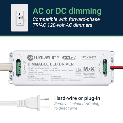 WaveLine 24V DC Dimmable LED Driver Power Supply 60 Watt – Triac Dimming AC to DC Transformer, 120V Input to 24 Volt Constant Voltage Output for LED Strip Light, Under Cabinet & Puck Lighting