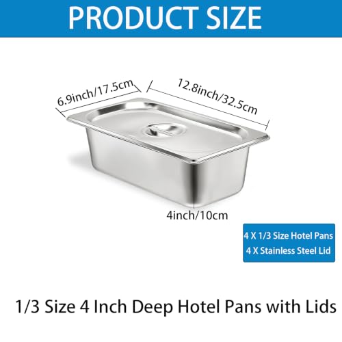 4 Set Steam Table Pan with Lid, 1/3 Size 4 Inch Deep Hotel Pans with Lid, Stainless Steel Commercial Catering Pan Steam Table Pans for Hotel, Buffet, Restaurant and Party