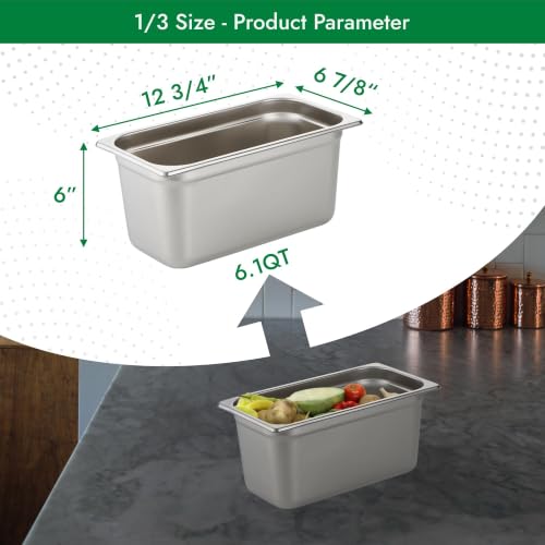 HECMAC 6 Pack Anti-Jam Hotel Pans, 1/3 Size 6 Inch Deep, Commercial Stainless Steel Chafing Steam Table Pan, Catering Storage Metal Food Pan, 23 Gauge - size: 1/3 Size, 6" Deep