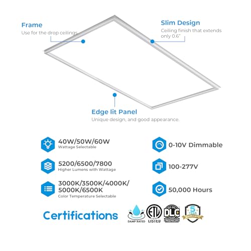 2x4 FT Edge-Lit Frame LED Panel Lights,5CCT Selectable 3000K-6500K, 2600/3900/5200LM,20W/30W/40W Switch Grid Drop Ceiling Lights,0-10V Dimmable,Damp Rated,100-277V,ETL Listed (2 x 4-6 Pack) - size: 2 x 4 - 6 Pack