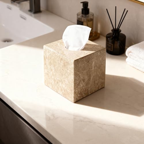 Natural Marble Tissue Box Holder Cover with Open Bottom - color: Light Brown