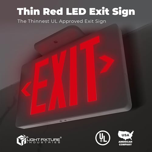 LFI Lights® Thin Exit Sign, UL 924 Listed, Red LED, White, 120-277VAC, Hardwired with Battery Backup, Wall, Ceiling or Side Mount, Optional Double Face and Knock Out Arrows LEDTRWBB
