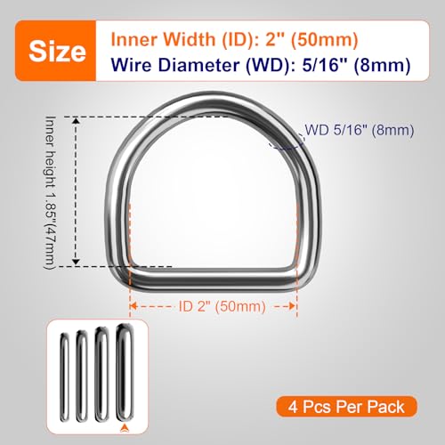 BEYOURD Metal D Rings, Heavy Duty 304 Stainless Steel Welded Dee Rings - color: Id 50mm, size: WD 4mm