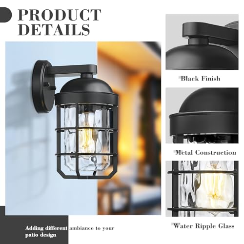 Emliviar Cylinder Outdoor Wall Lights Set of 2, 11" Black Outside Lamps Wall Mount for Porch, Garage, Front Door, E26 Socket with Water Ripple Glass, GE255BL-2PK BK-WG - color: Black - Water Ripple Glass, size: 11.3 Inch