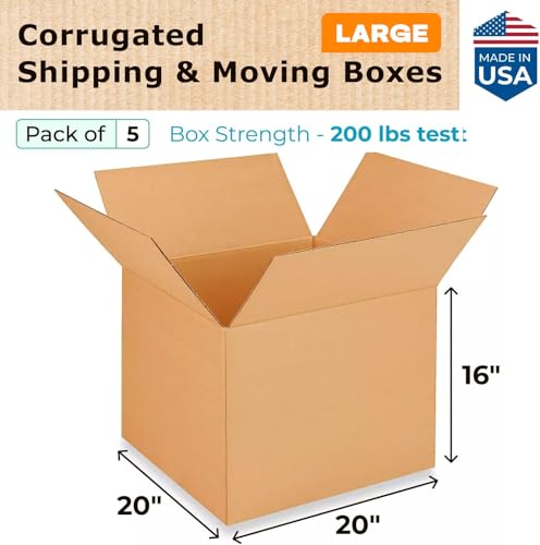 Extra Large Shipping & Moving Boxes 20 x 20 x 16 inches (5-Pack) - Extra Strength 200 lb vs Regular - Corrugated Shipping Box, Made in USA - Heavy Duty Shipping Box by IDL Packaging, brown - size: 20 * 20 * 16" (Large Boxes)