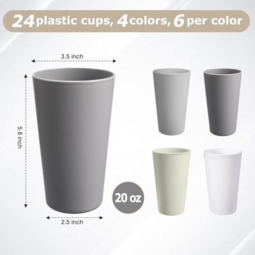 24 Pcs Unbreakable Plastic Cups Set, 20 oz Reusable Plastic Cups, Stackable Water Tumblers, Drinking Cup for Kitchen, Outdoor, BPA-free, Dishwasher Refrigerator and Microwave Safe (20 oz, 4 Colors) - color: 4-White Gray Multicolor, size: 20 oz