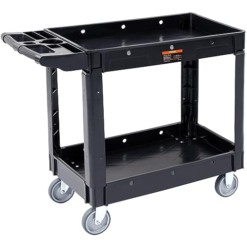 VEVOR Utility Service Cart, 2 Shelf 550LBS Heavy Duty Plastic Rolling Utility Cart, Medium Lipped Shelf, 360° Swivel Wheels, Ergonomic Storage Handle for Warehouse Garage, Black - size: 40.55 x 17.71 x 33.46 in