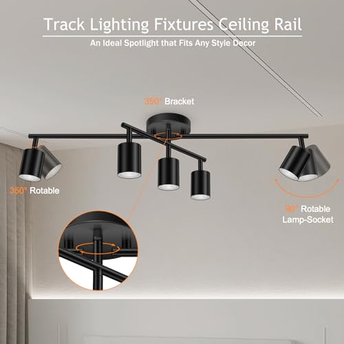 BoostArea 5 Light Track Lighting Kit, Black 5 Way Ceiling Spot Lighting, Center Swivel Track Light Heads, Flexibly Rotatable Light Head for Kitchen, Living Room, Bedroom, GU10 Bulb Not Included - color: Rotatable-5 Light-Black