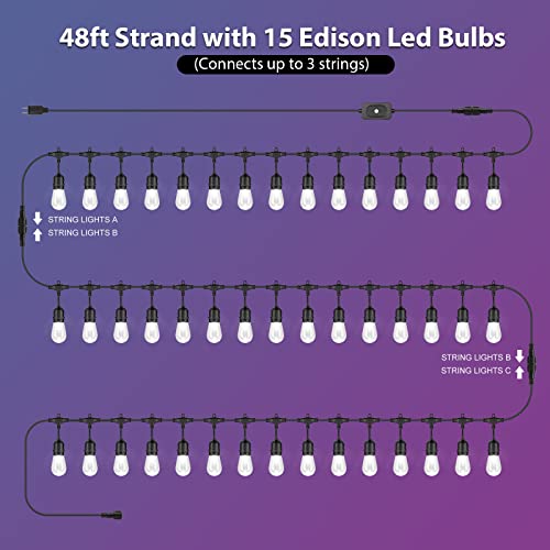 Mlambert 48FT Outdoor Patio RGB Cafe String Lights with Remote, Black - color: Black