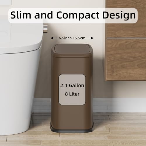 8L/2.1 Gallon Small Bathroom Trash Can with Lid, Swing-Top Rectangular Waste Bin, Stainless Steel Garbage Can for Home, Office, Toilet, Bedroom, Living-Room (Brown) - color: Brown