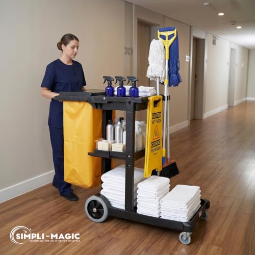 Simpli-Magic Janitorial Cart, 330 lbs Capacity – 3-Shelf Commercial Housekeeping Cleaning Cart on Wheels, 25 Gallon Bag with Lid – Stable, Smooth Movement