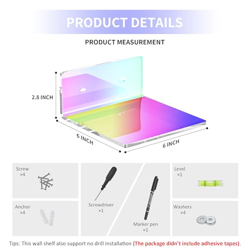 Sezanrpt 6 Inches Iridescent Acrylic Wall Shelves Set of 2, Wall Mounted Storage Display Shelves for Bedroom, Gaming Room, Living Room, Bathroom, Dining Room, Office, 2 Pack - color: Iridescent, size: 6 Inch