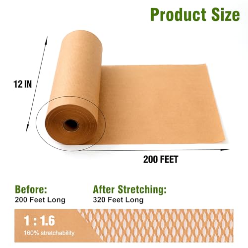 Honeycomb Packing Paper 12" X 200 FT Packing Material for Moving Glass Dishes Wrapping Paper Bubble Wrap for Shipping Fragile Items Shipping Filler with 20 Fragile Stickers - size: 12"x200'